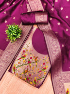 Wine Color Paithani woven Pattern Top, Bottom & Dupatta Dress Material