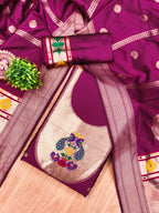Wine Color Paithani woven Pattern Top, Bottom & Dupatta Dress Material