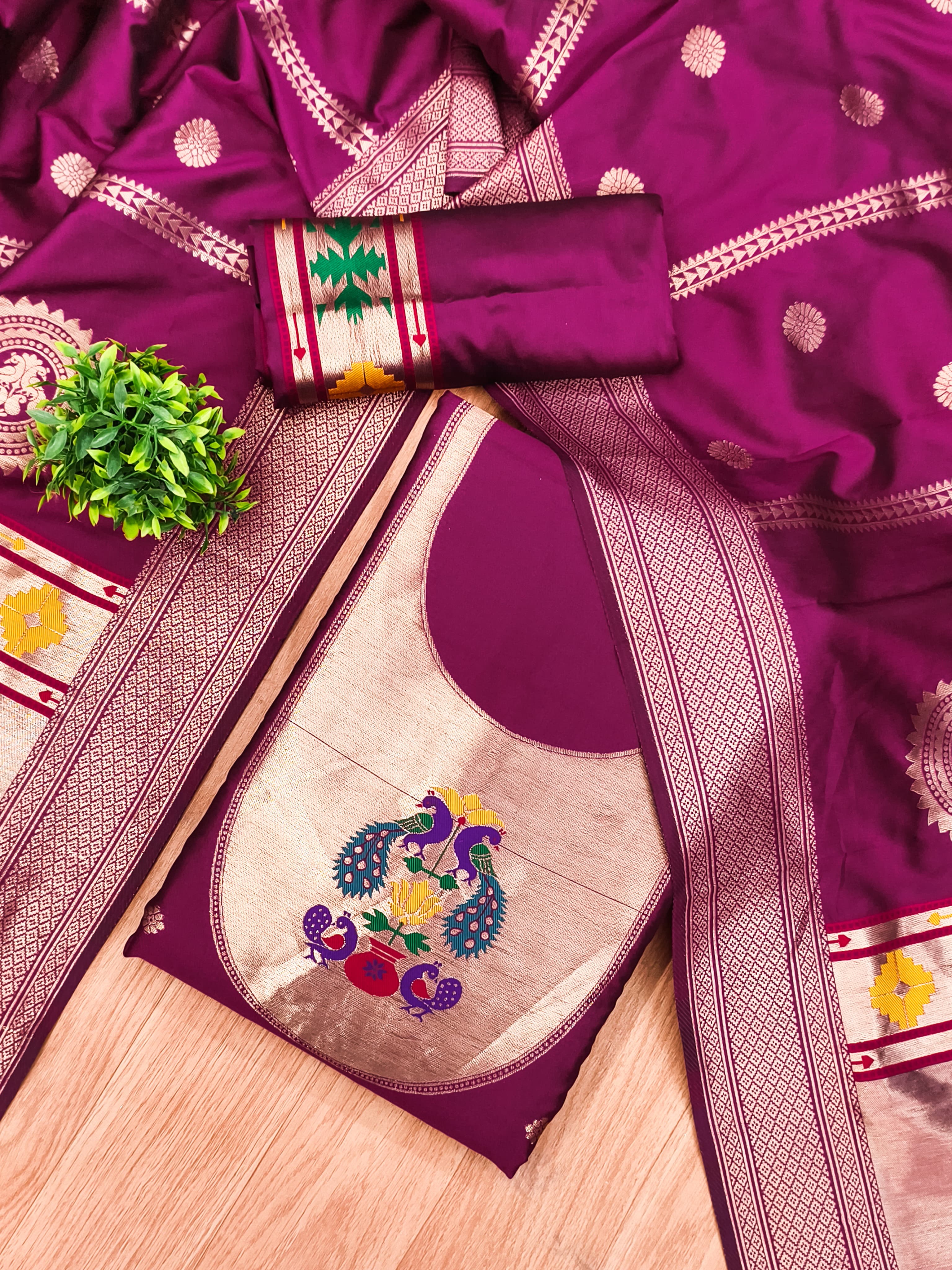 Wine Color Paithani woven Pattern Top, Bottom & Dupatta Dress Material