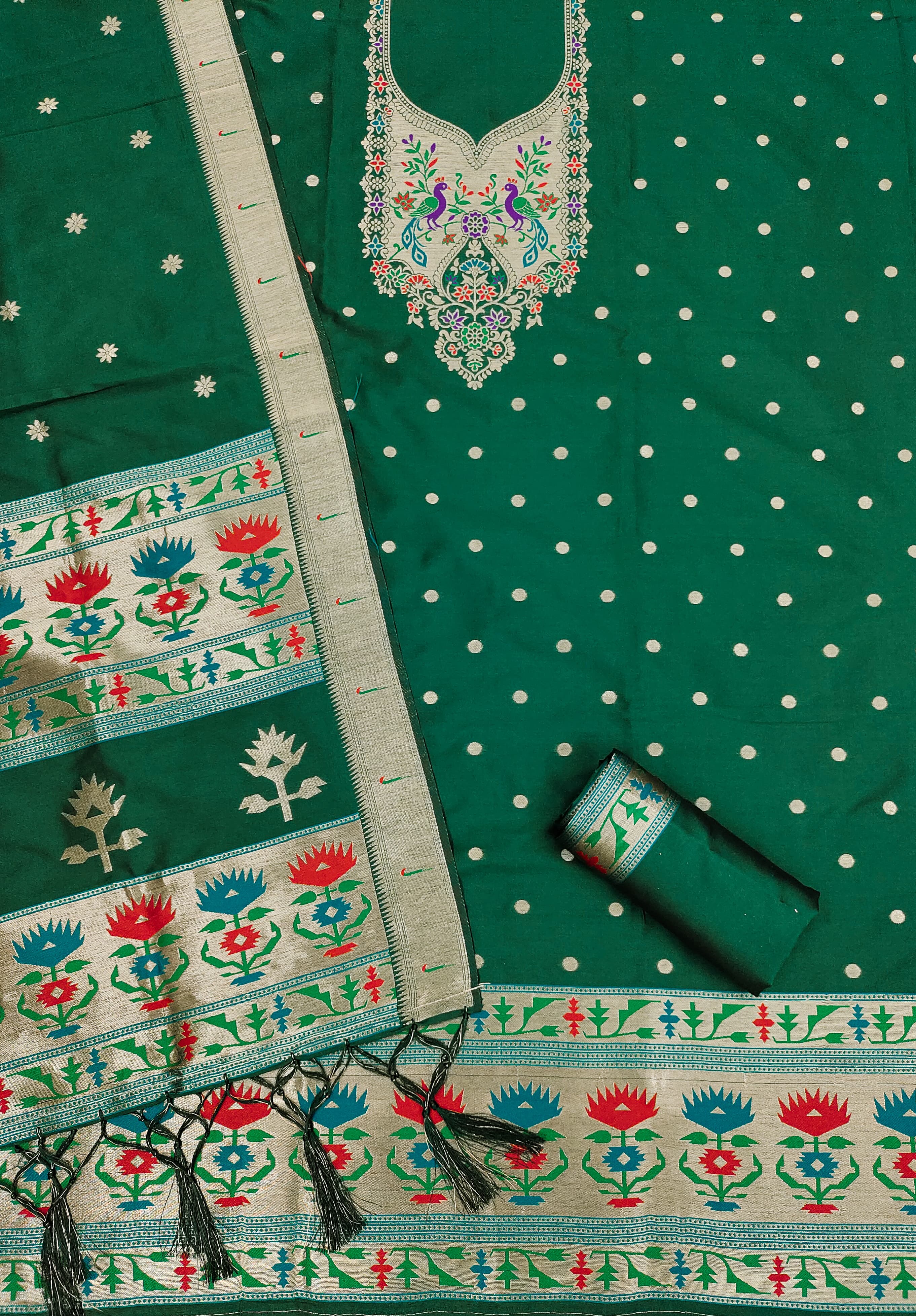 Green Color Paithani woven Pattern Top, Bottom & Dupatta Dress Material