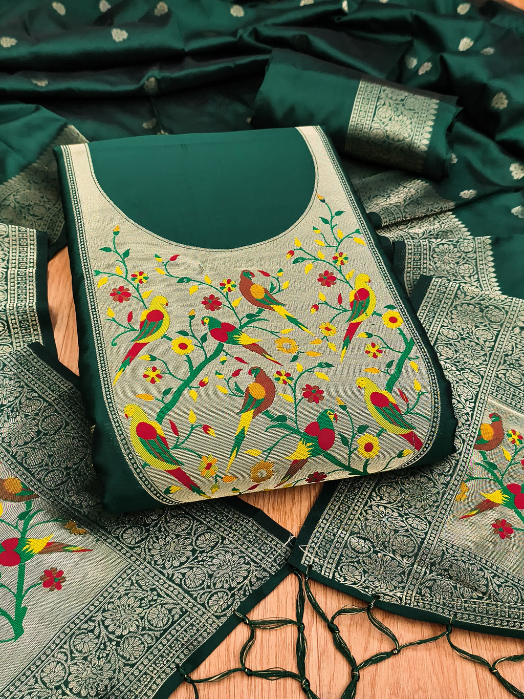 Green Color Paithani woven Pattern Top, Bottom & Dupatta Dress Material