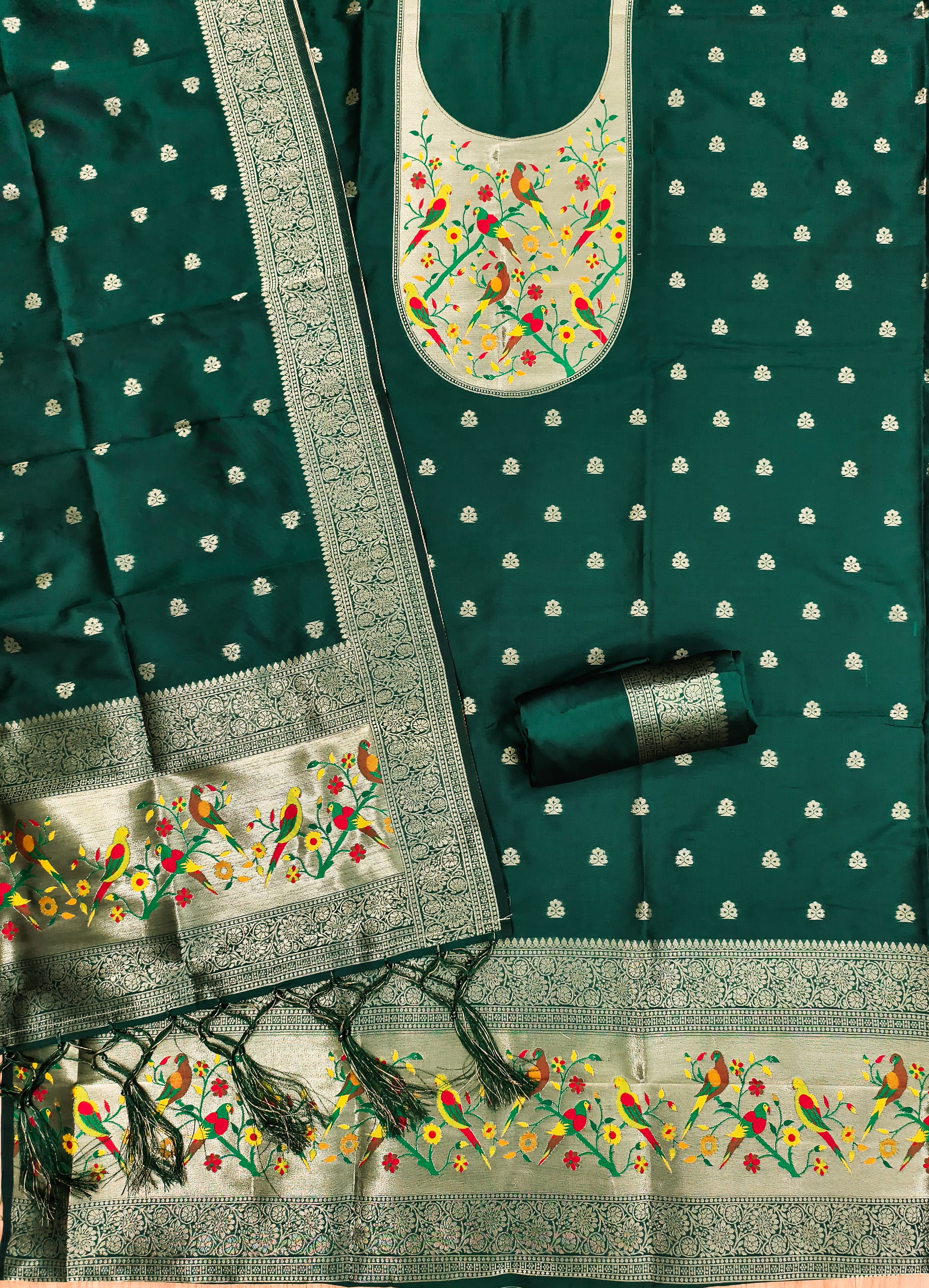 Green Color Paithani woven Pattern Top, Bottom & Dupatta Dress Material