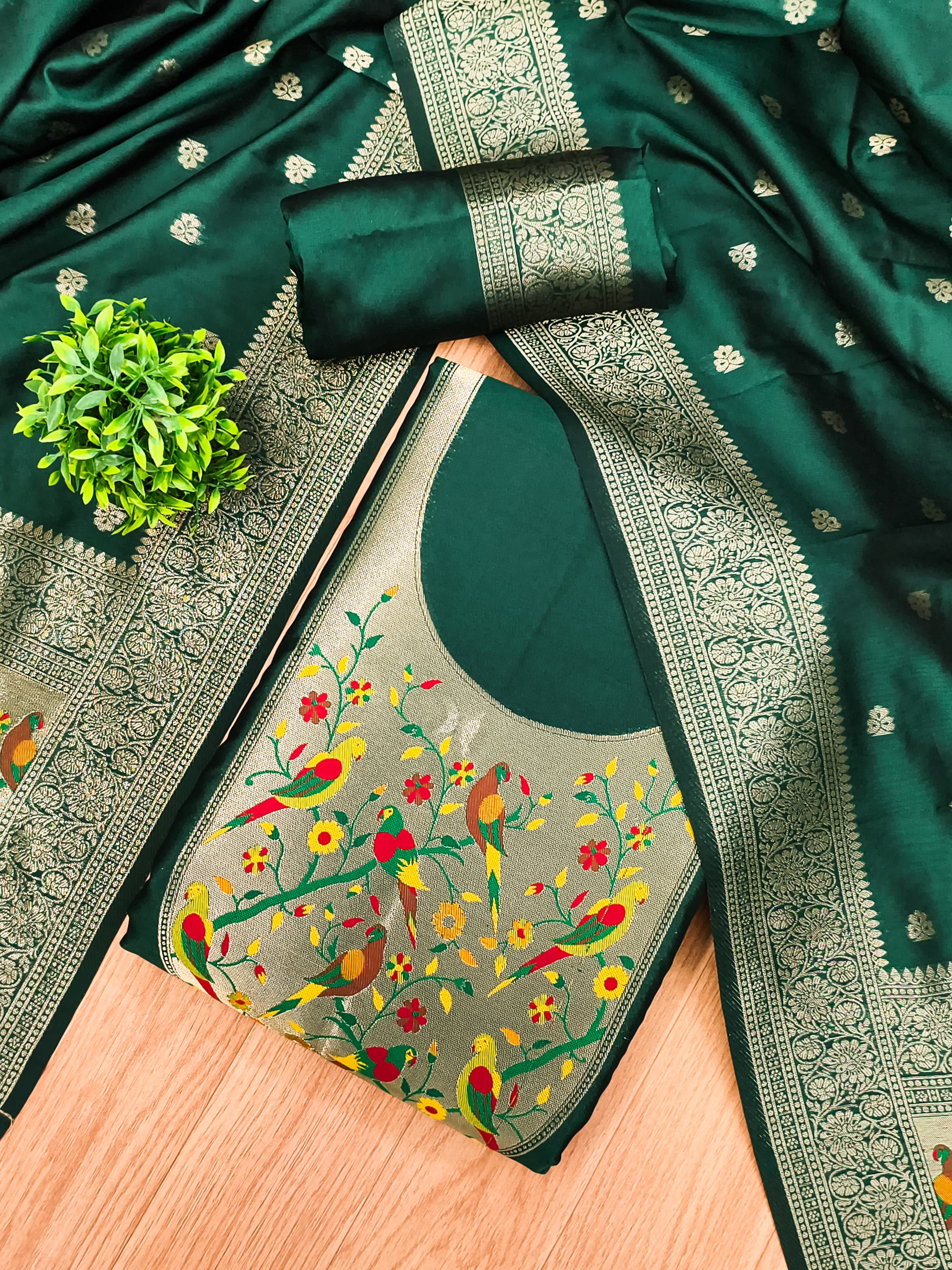 Green Color Paithani woven Pattern Top, Bottom & Dupatta Dress Material