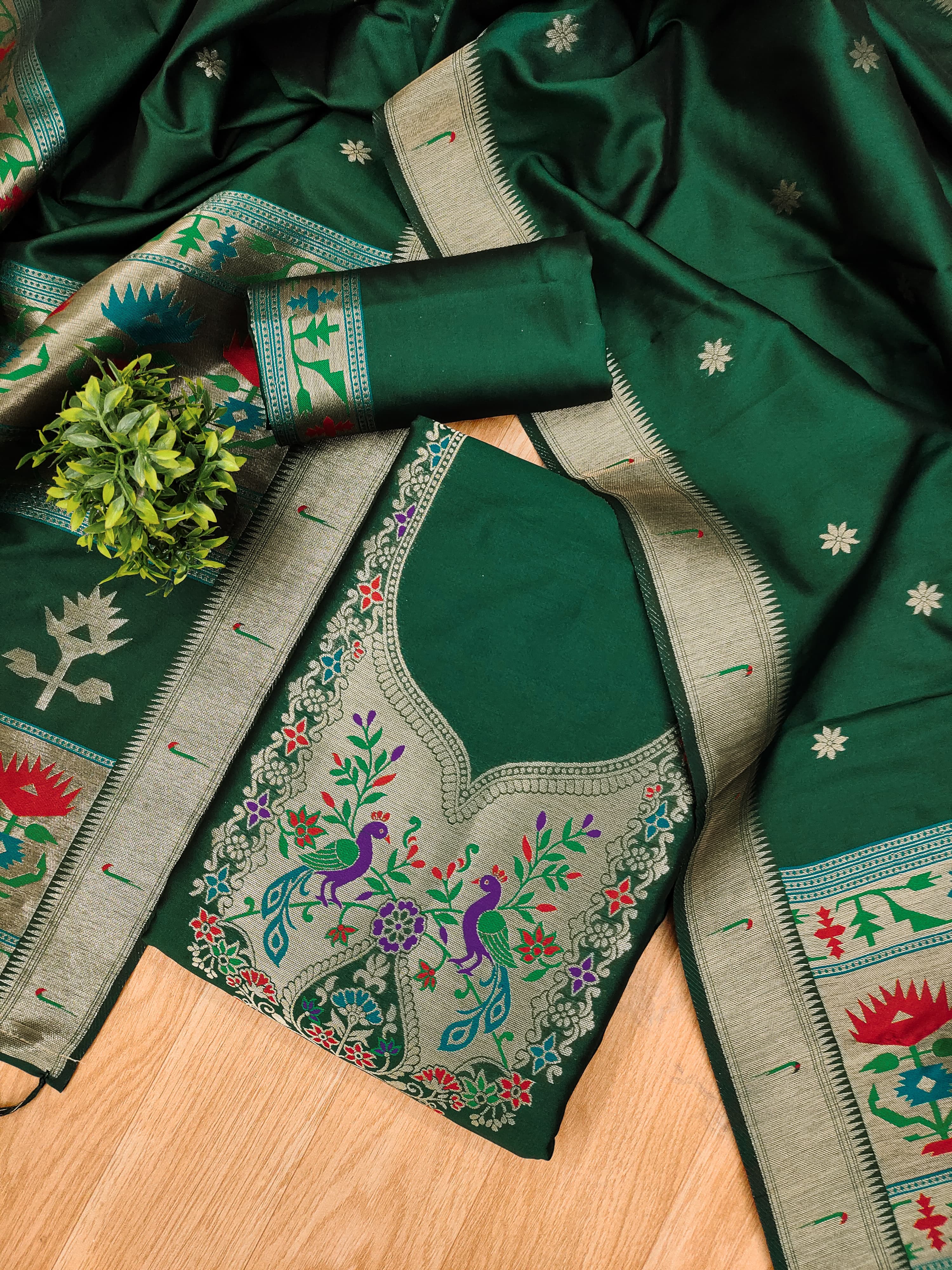 Green Color Paithani woven Pattern Top, Bottom & Dupatta Dress Material