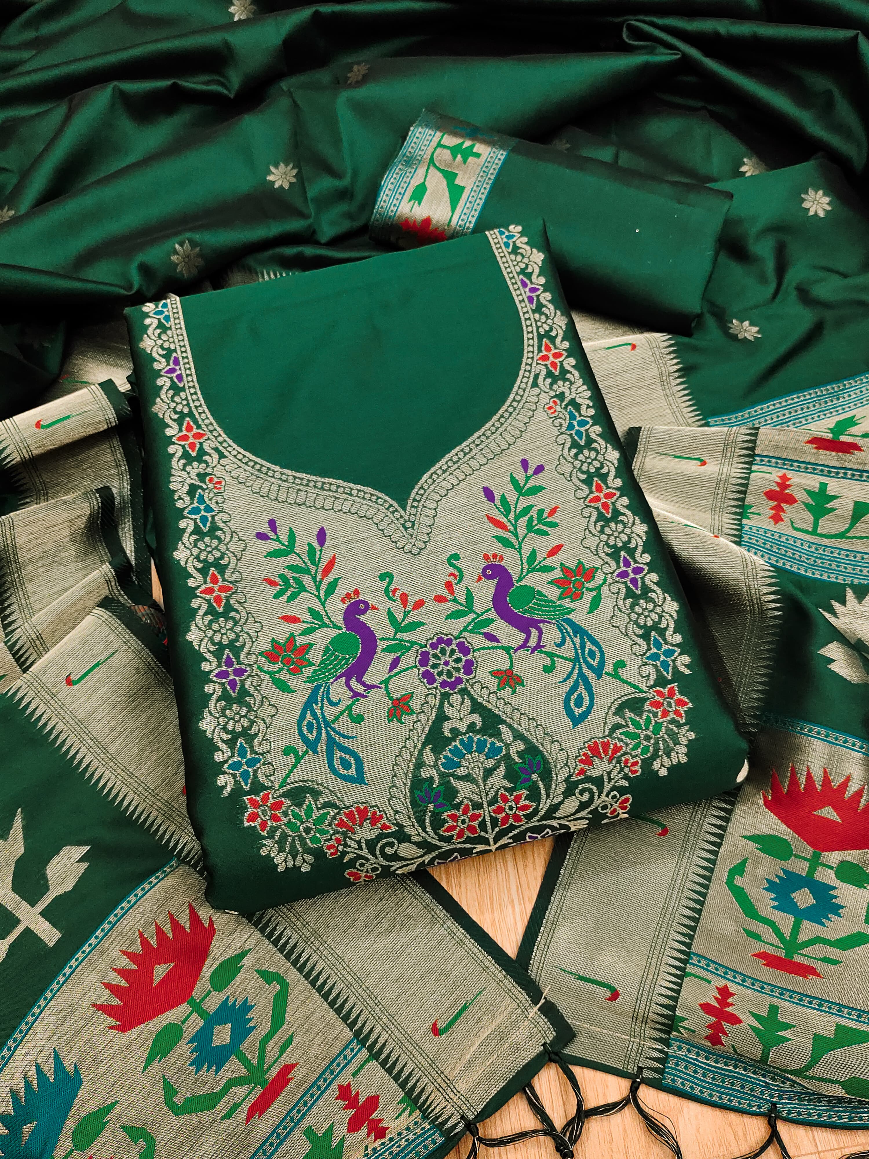 Green Color Paithani woven Pattern Top, Bottom & Dupatta Dress Material
