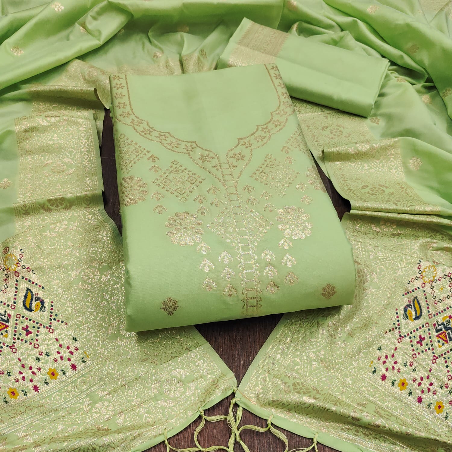 Pista Green Color Paithani woven Pattern Top, Bottom & Dupatta Dress Material