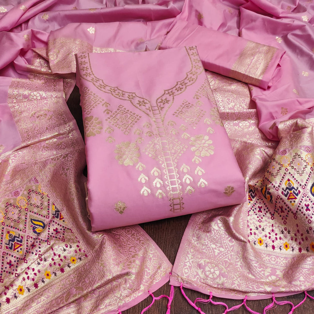 Pink Color Paithani woven Pattern Top, Bottom & Dupatta Dress Material