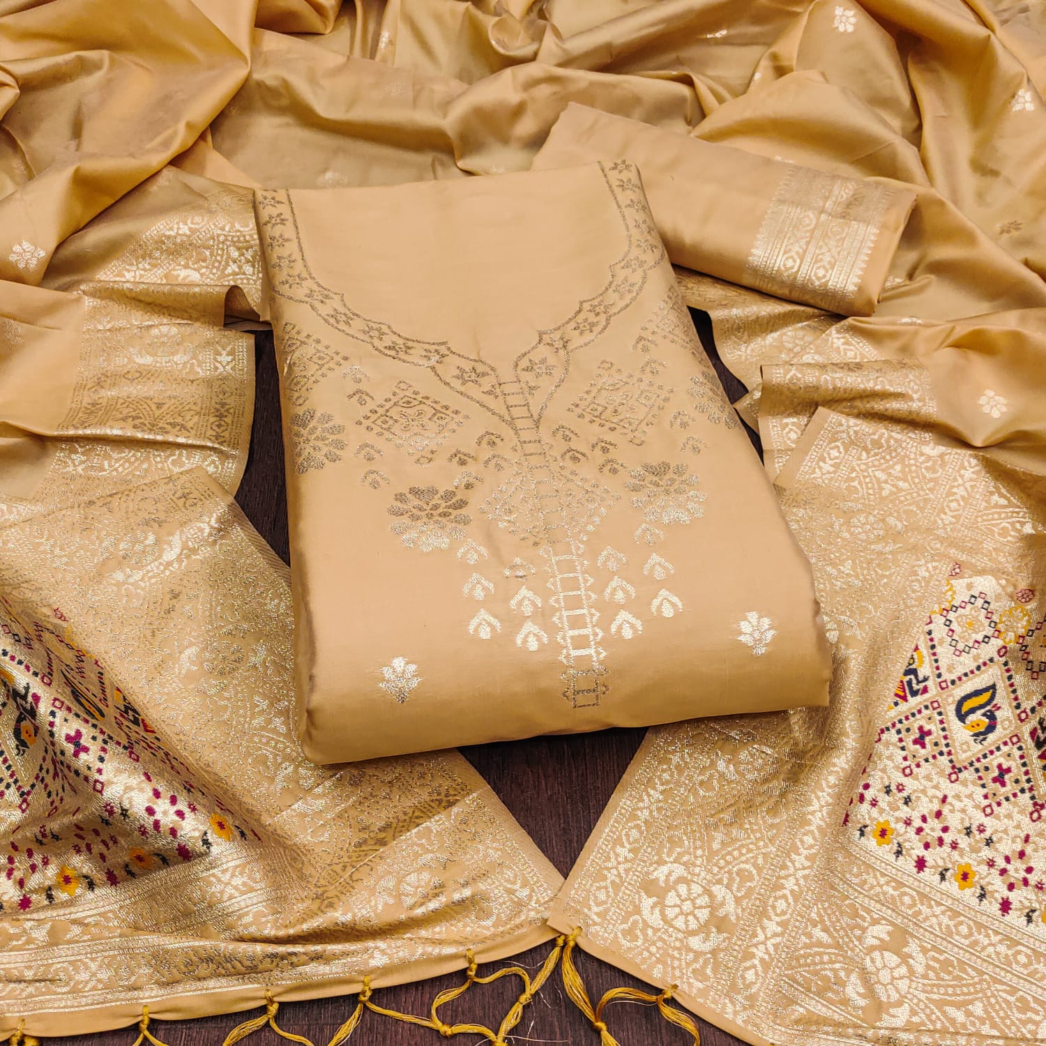 Khaki Color Paithani woven Pattern Top, Bottom & Dupatta Dress Material