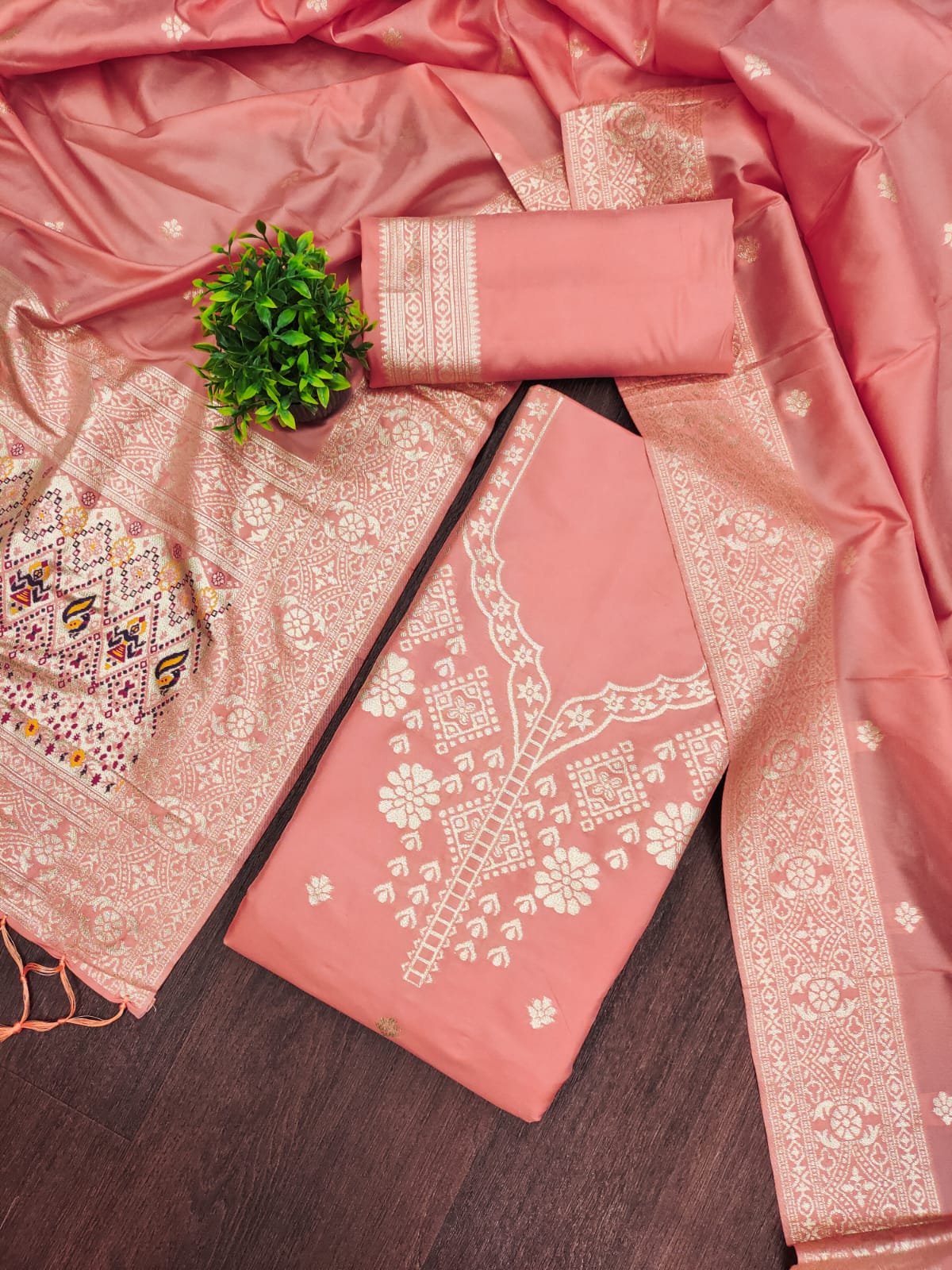 Peach Color Paithani woven Pattern Top, Bottom & Dupatta Dress Material