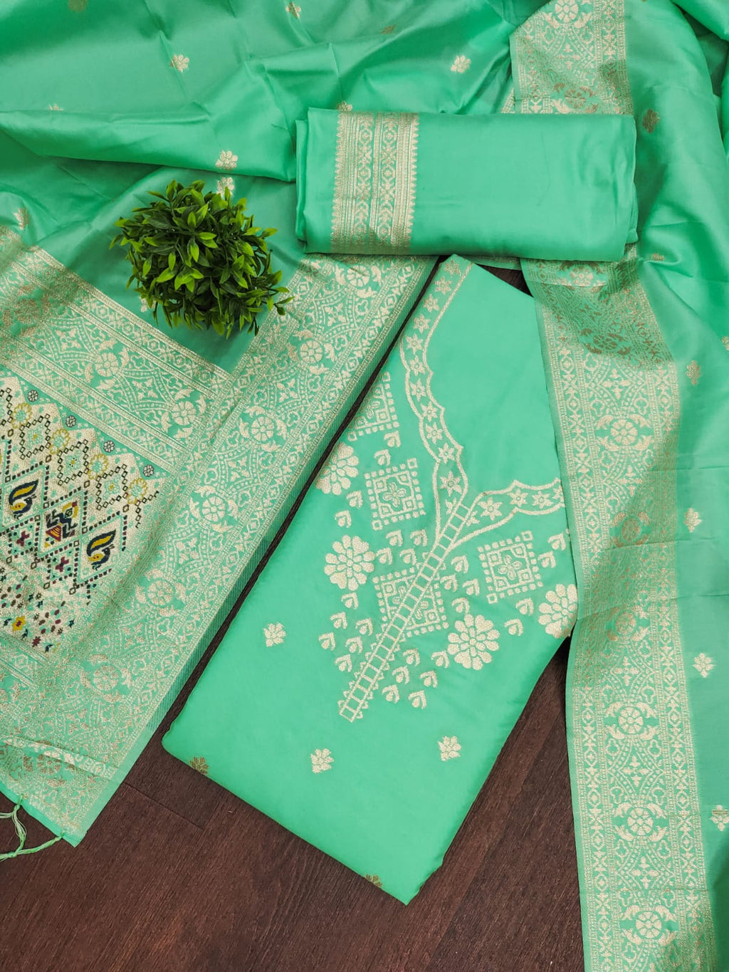 Lime Green Color Paithani woven Pattern Top, Bottom & Dupatta Dress Material
