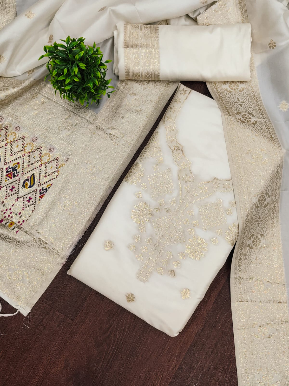 White Color Paithani woven Pattern Top, Bottom & Dupatta Dress Material