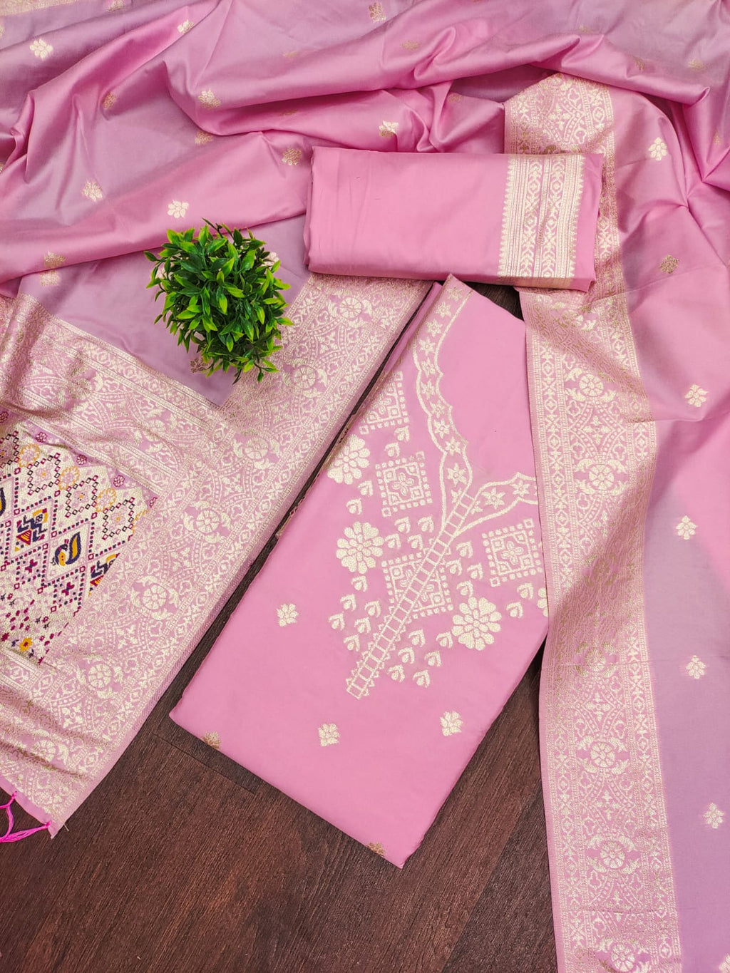 Pink Color Paithani woven Pattern Top, Bottom & Dupatta Dress Material
