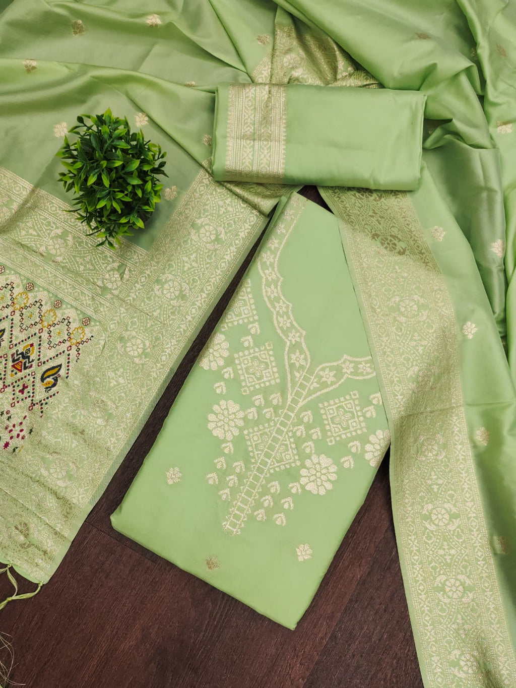 Pista Green Color Paithani woven Pattern Top, Bottom & Dupatta Dress Material