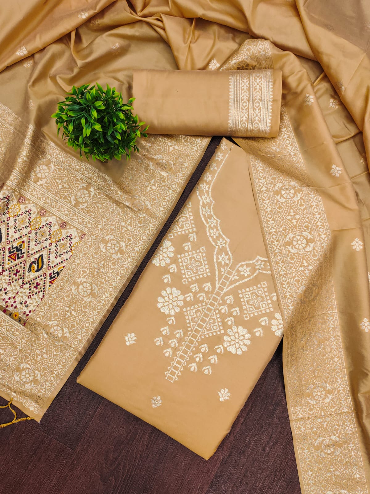 Khaki Color Paithani woven Pattern Top, Bottom & Dupatta Dress Material