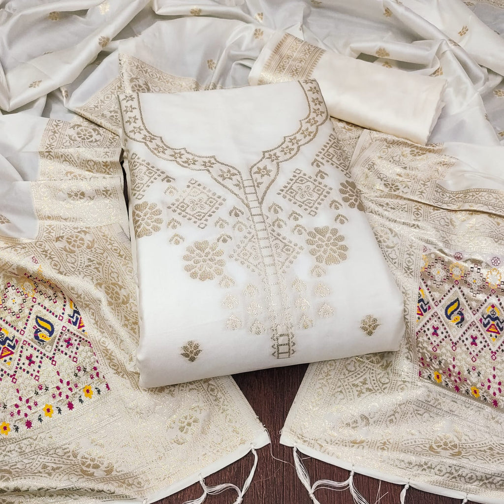 White Color Paithani woven Pattern Top, Bottom & Dupatta Dress Material
