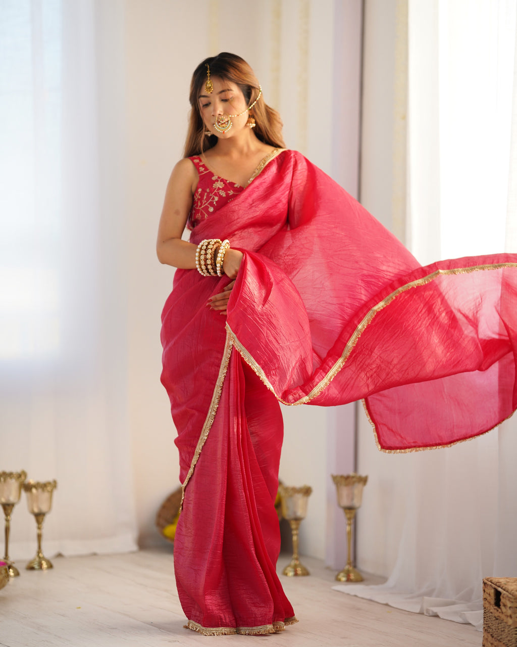 Kalikar Gold Crush Silk Red Pink -RV Niharika