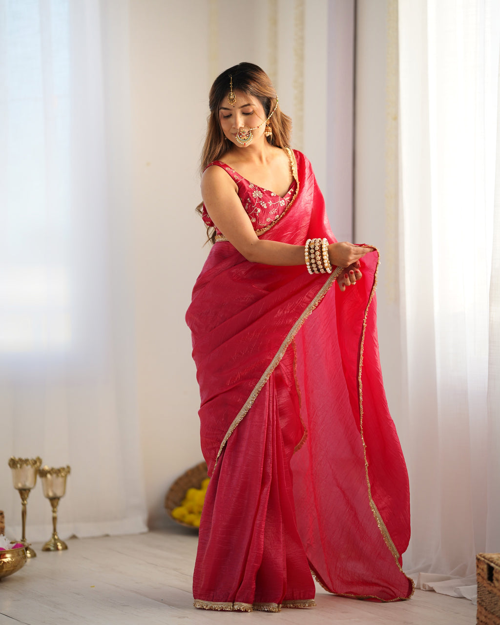 Kalikar Gold Crush Silk Red Pink -RV Niharika