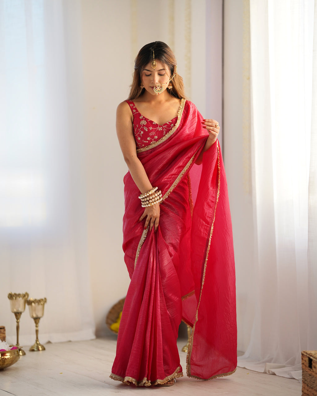 Kalikar Gold Crush Silk Red Pink -RV Niharika