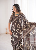 Designer Printed Pure Cotton Saree of Brown
