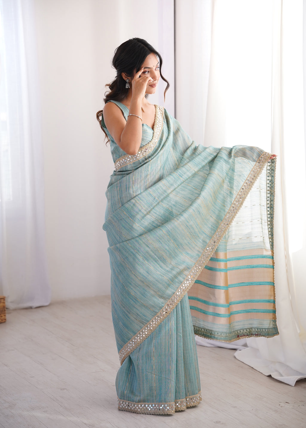 Blue Colour Spun Cotton Saree with Embroidered Border with Real Mirror Work