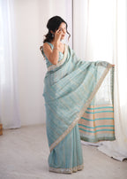 Blue Colour Spun Cotton Saree with Embroidered Border with Real Mirror Work
