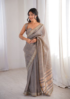 Grey Colour Spun Cotton Saree with Embroidered Border with Real Mirror Work