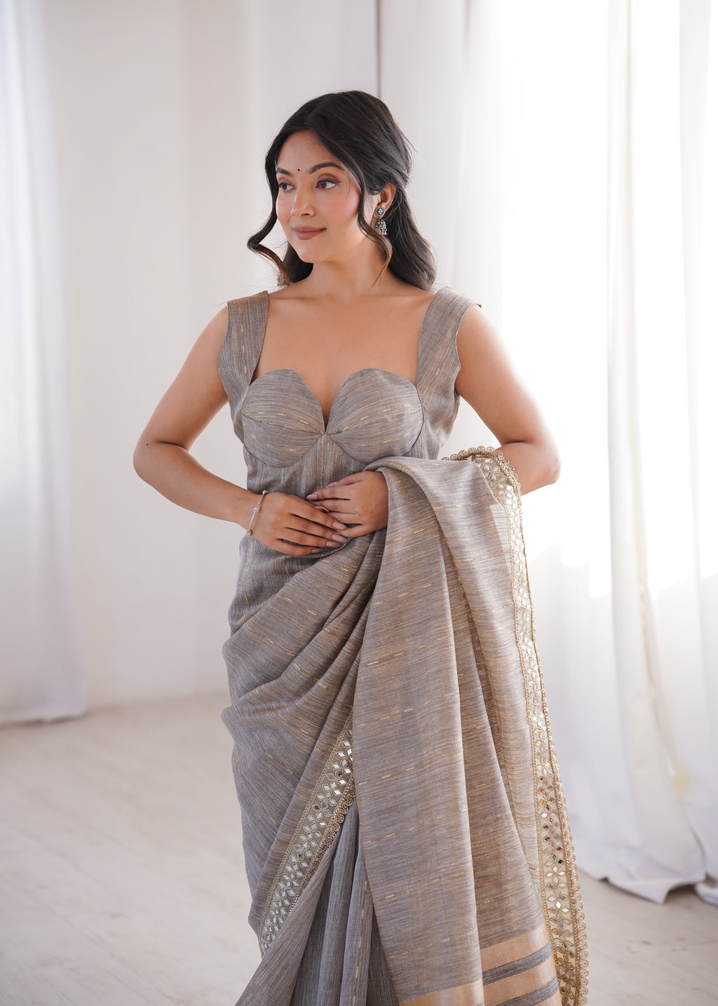Grey Colour Spun Cotton Saree with Embroidered Border with Real Mirror Work