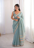 Blue Colour Spun Cotton Saree with Embroidered Border with Real Mirror Work