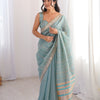 Blue Colour Spun Cotton Saree with Embroidered Border with Real Mirror Work