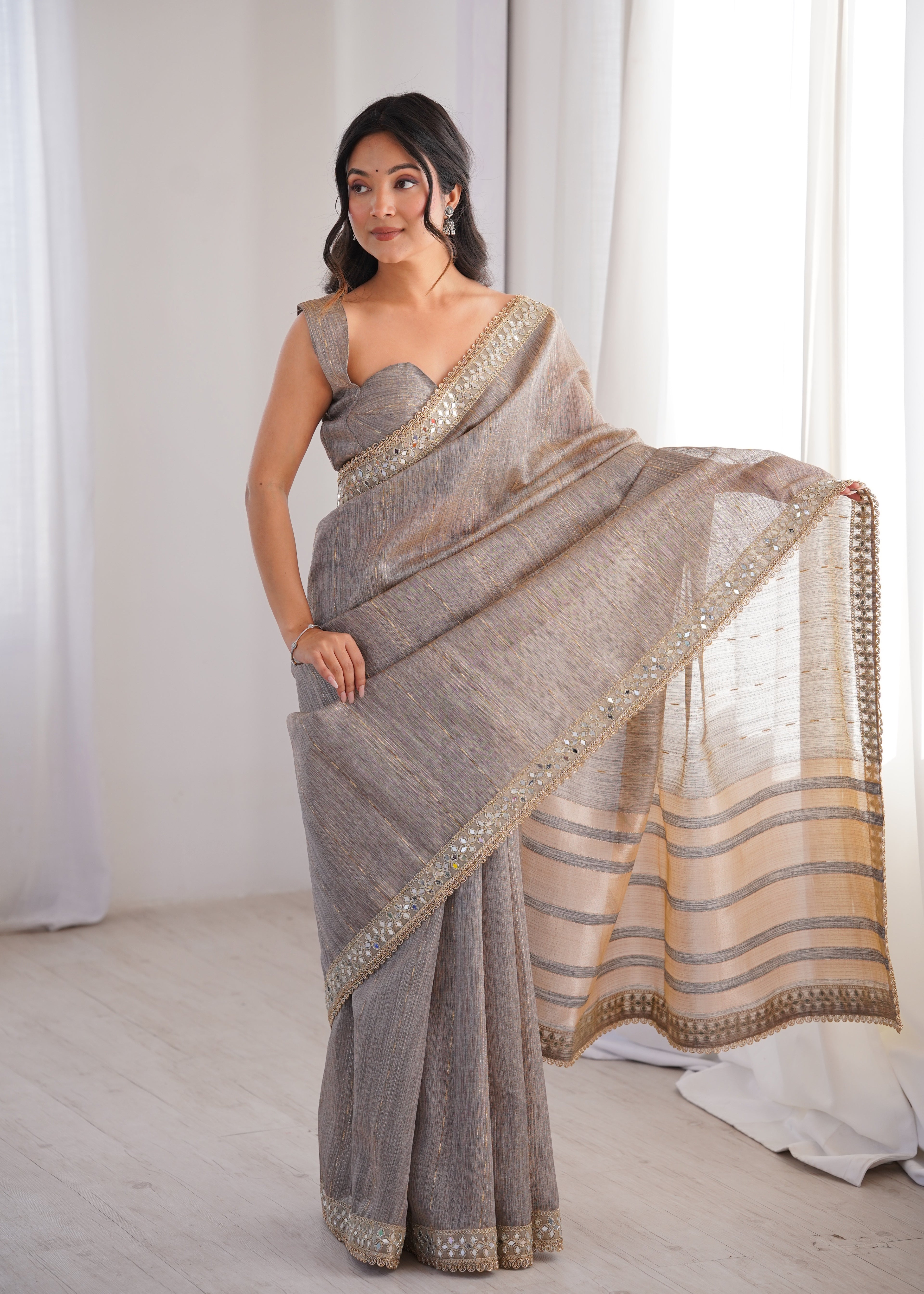 Grey Colour Spun Cotton Saree with Embroidered Border with Real Mirror Work