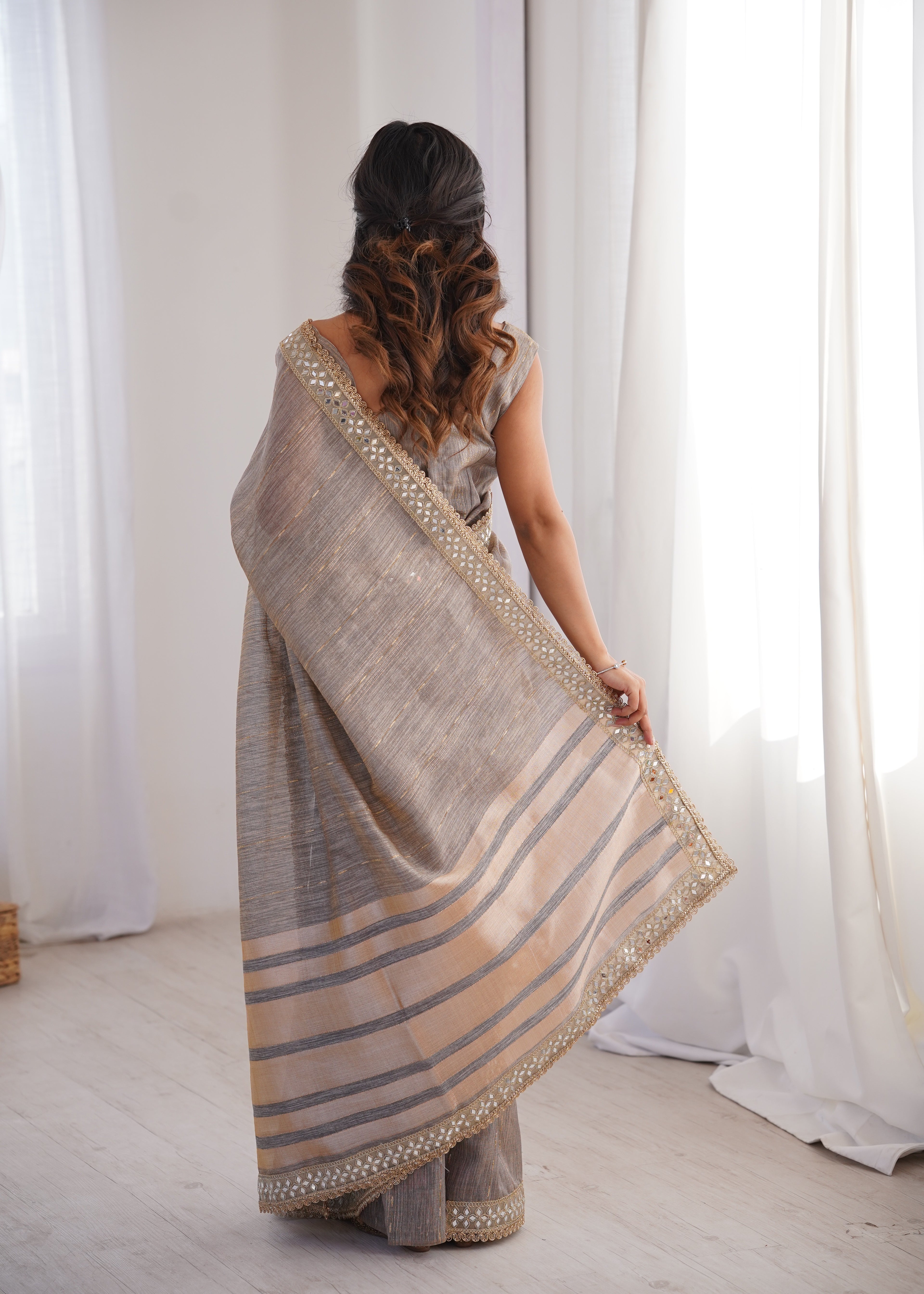 Grey Colour Spun Cotton Saree with Embroidered Border with Real Mirror Work