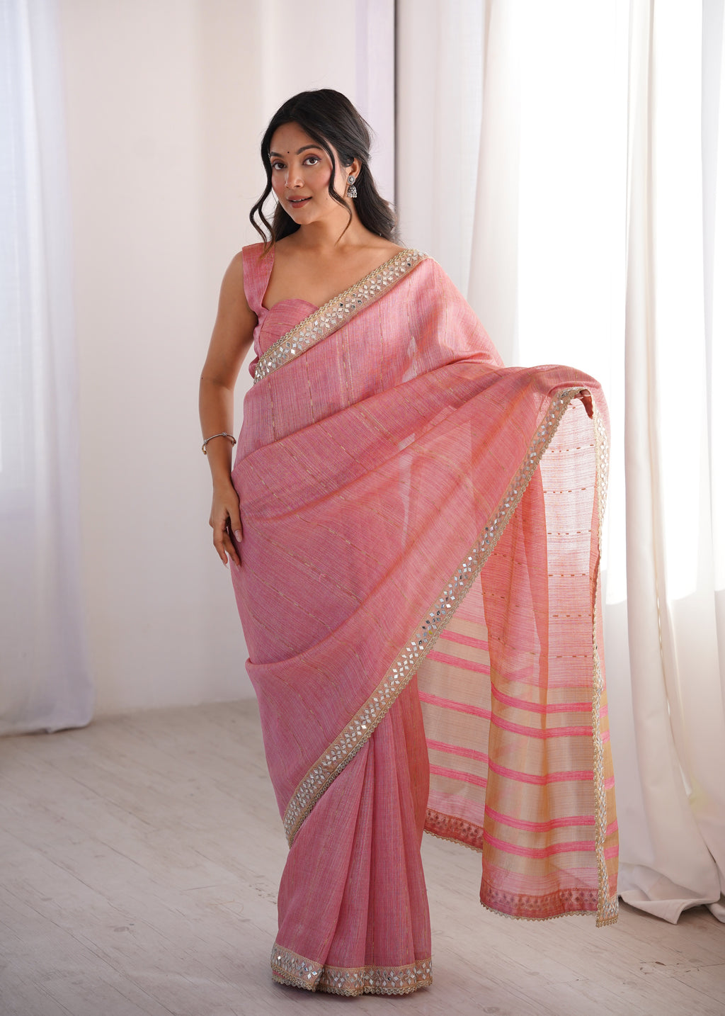 Pink Colour Spun Cotton Saree with Embroidered Border with Real Mirror Work