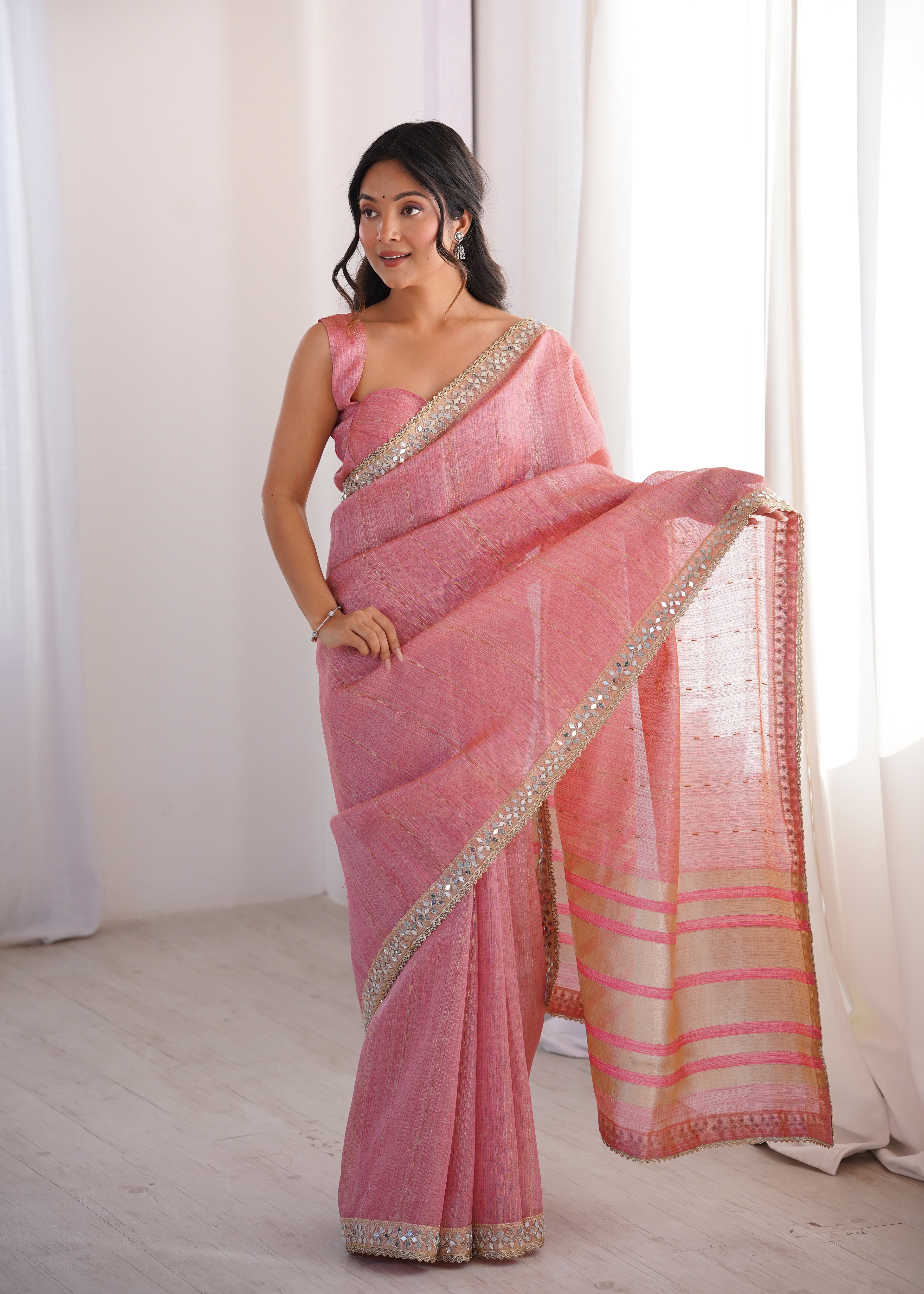 Pink Colour Spun Cotton Saree with Embroidered Border with Real Mirror Work