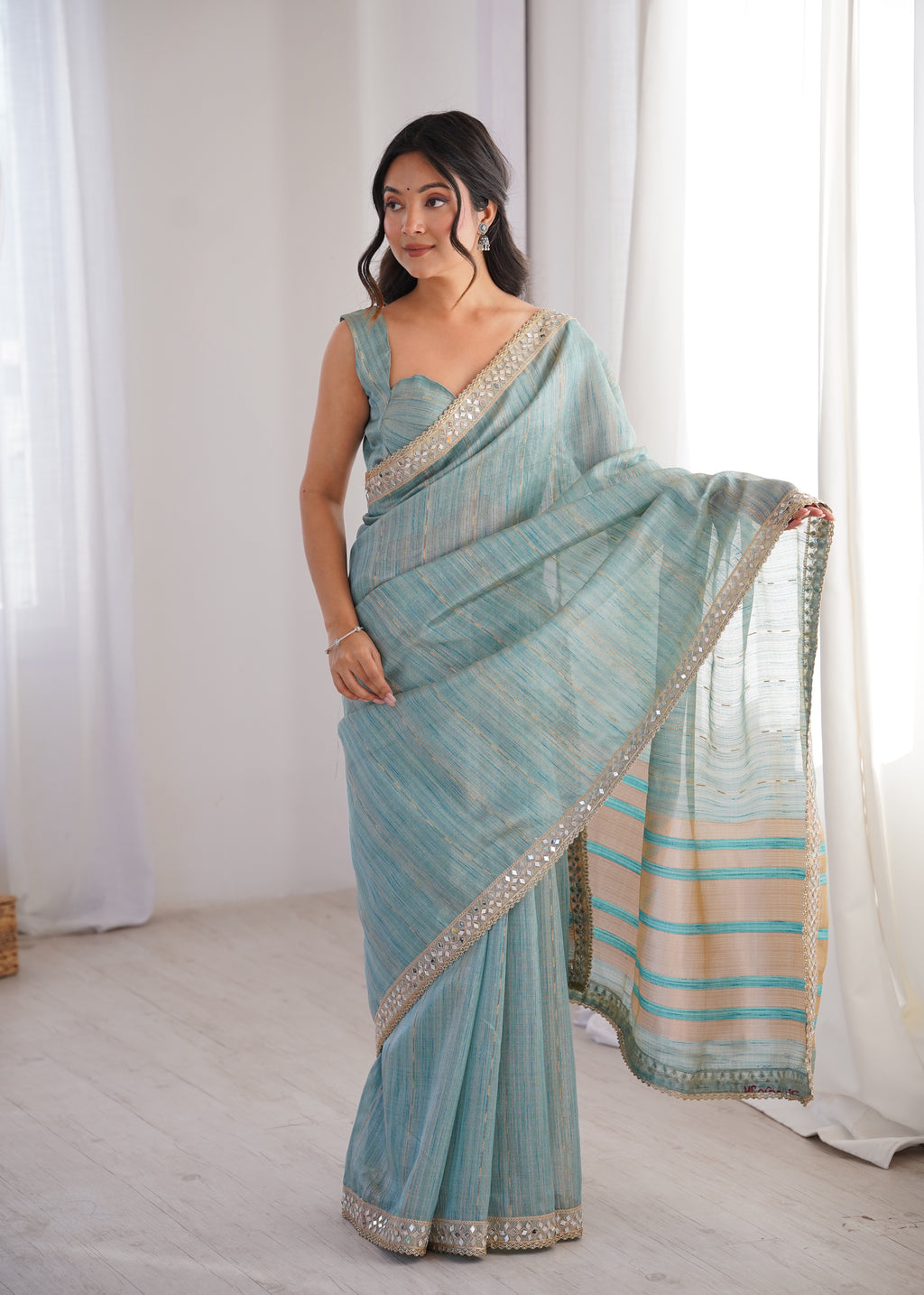 Blue Colour Spun Cotton Saree with Embroidered Border with Real Mirror Work