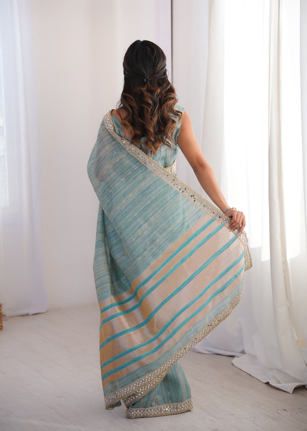 Blue Colour Spun Cotton Saree with Embroidered Border with Real Mirror Work