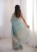 Blue Colour Spun Cotton Saree with Embroidered Border with Real Mirror Work