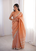 Light Orange Colour Spun Cotton Saree with Embroidered Border with Real Mirror Work
