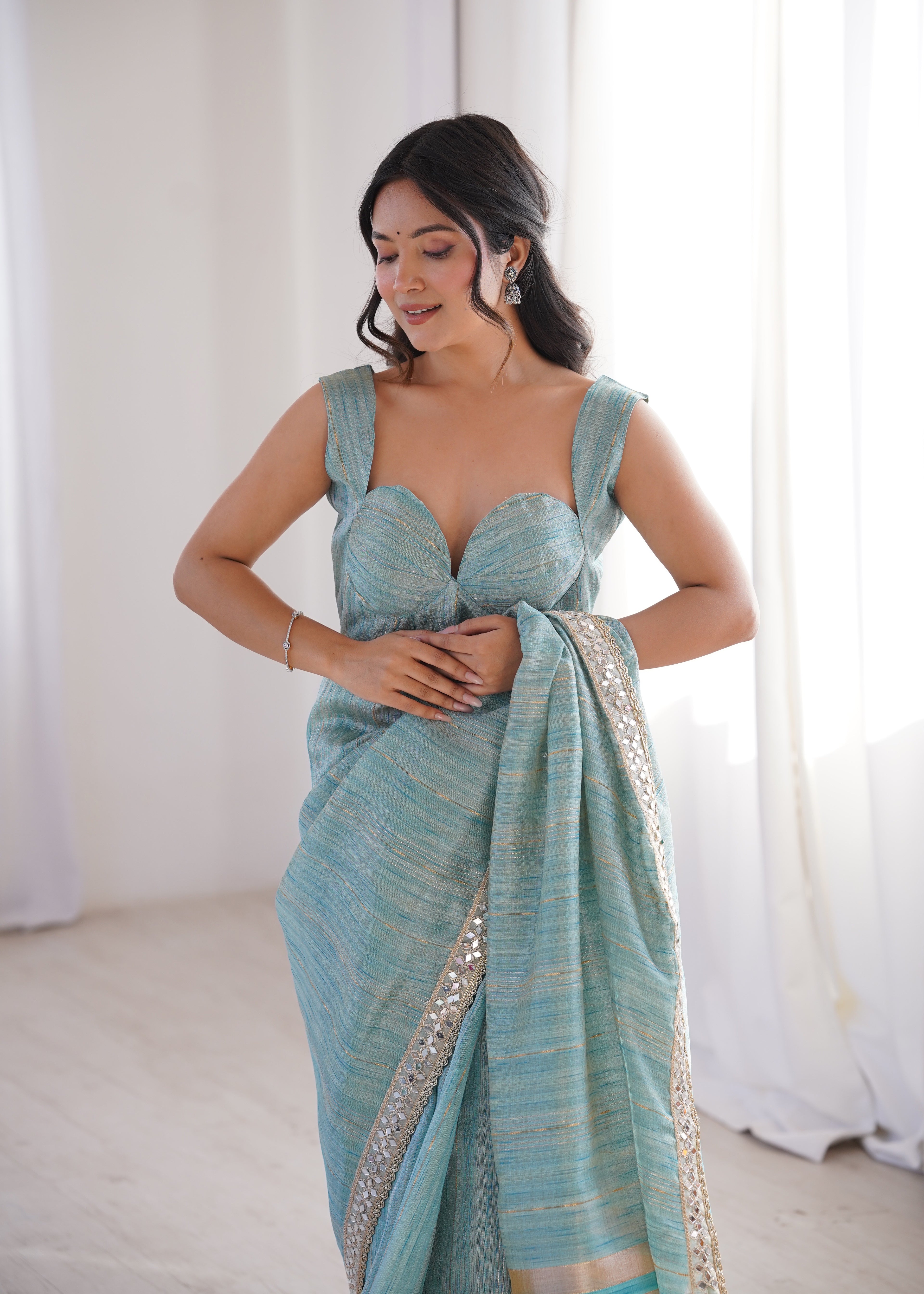 Blue Colour Spun Cotton Saree with Embroidered Border with Real Mirror Work