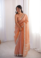 Light Orange Colour Spun Cotton Saree with Embroidered Border with Real Mirror Work