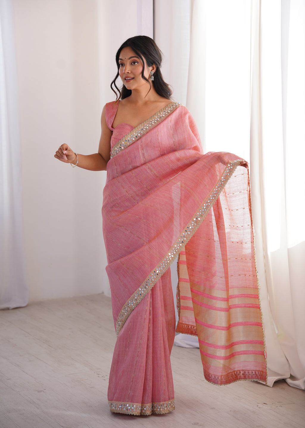 Pink Colour Spun Cotton Saree with Embroidered Border with Real Mirror Work
