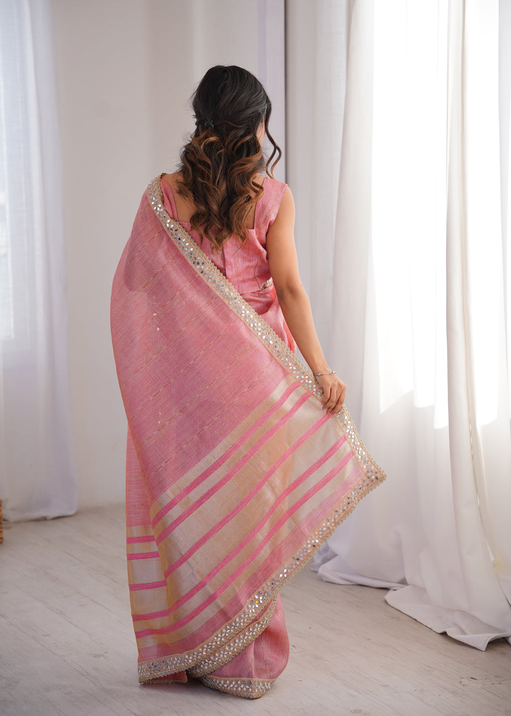 Pink Colour Spun Cotton Saree with Embroidered Border with Real Mirror Work
