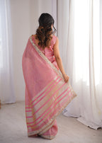 Pink Colour Spun Cotton Saree with Embroidered Border with Real Mirror Work