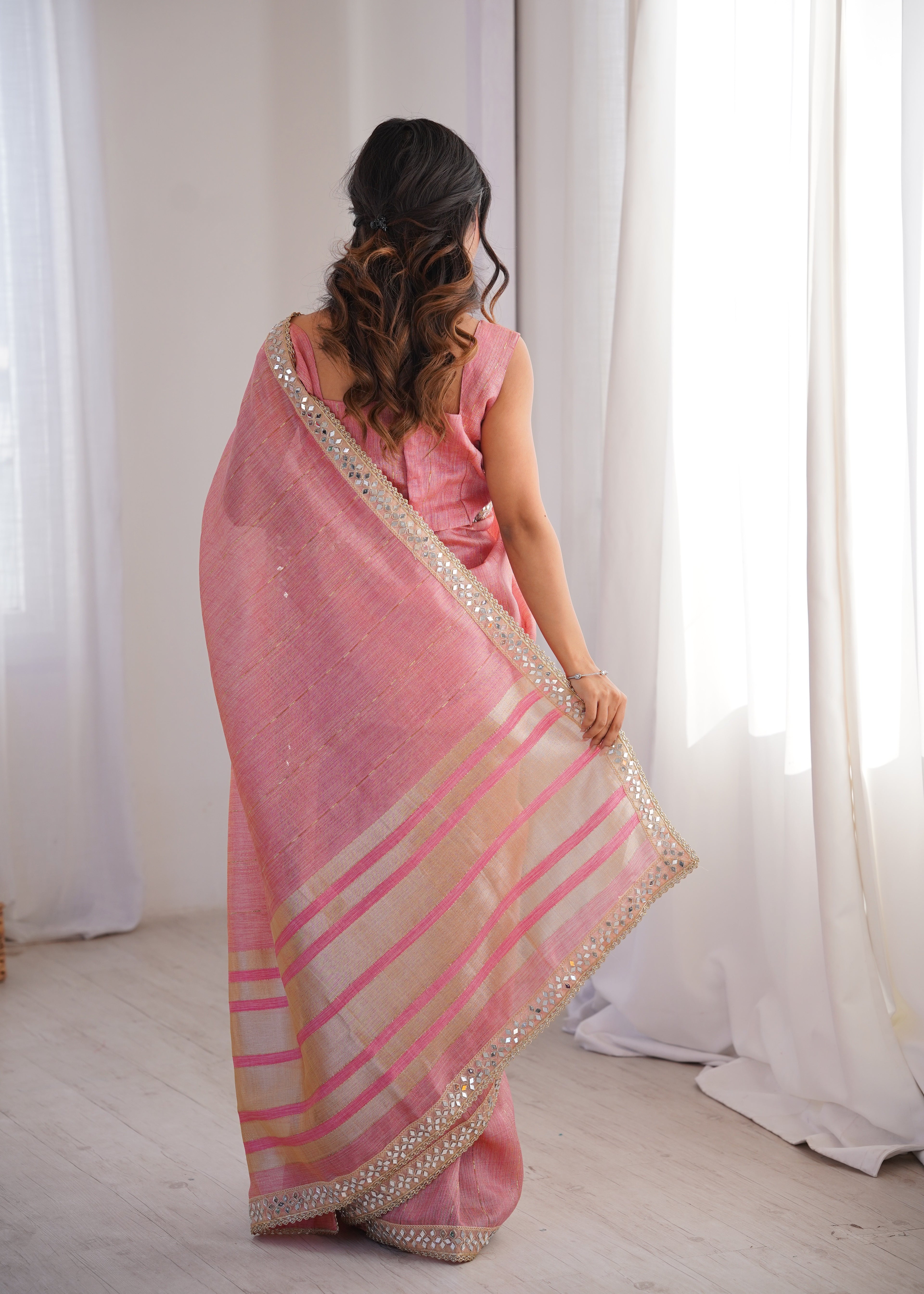Pink Colour Spun Cotton Saree with Embroidered Border with Real Mirror Work