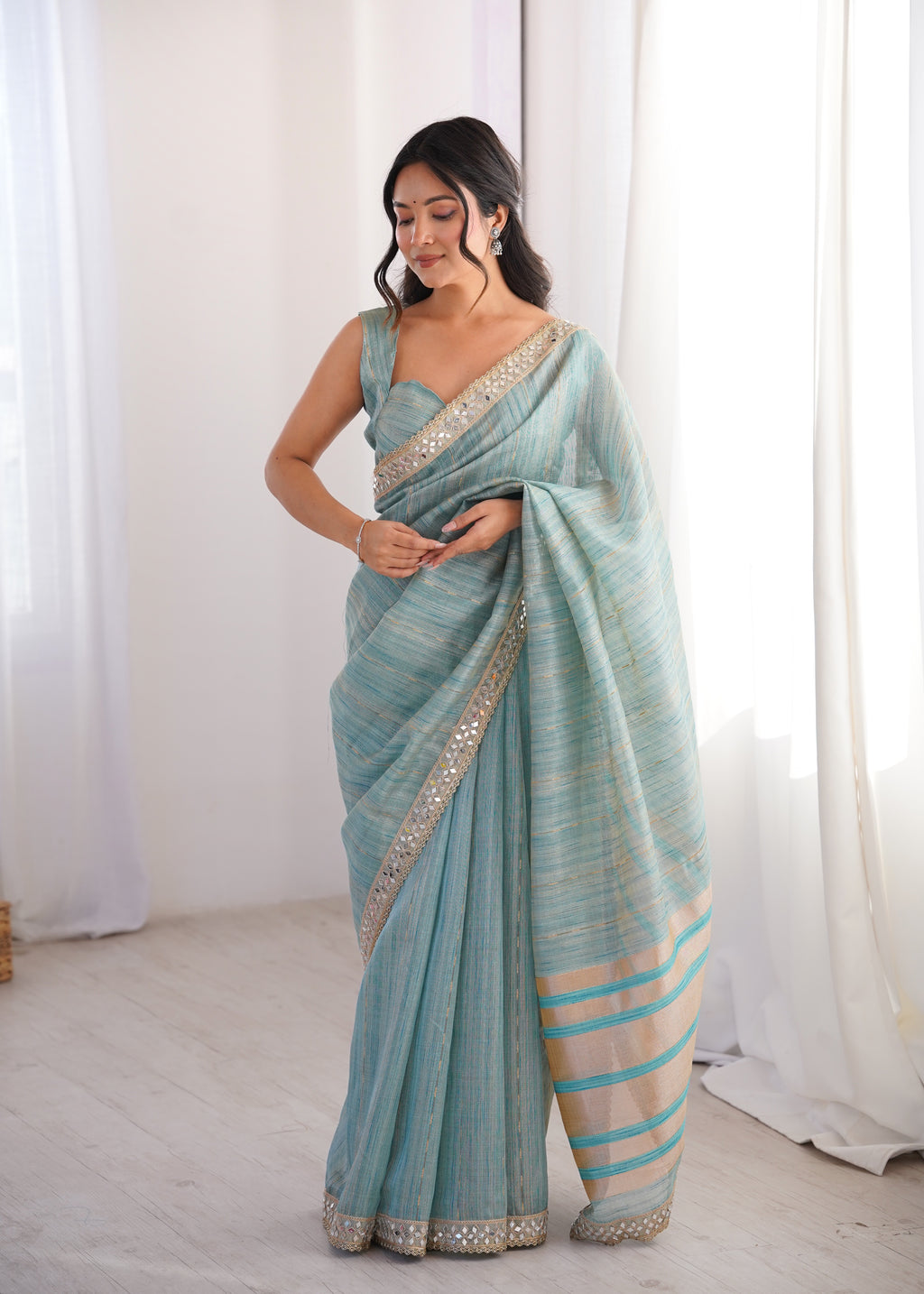 Blue Colour Spun Cotton Saree with Embroidered Border with Real Mirror Work