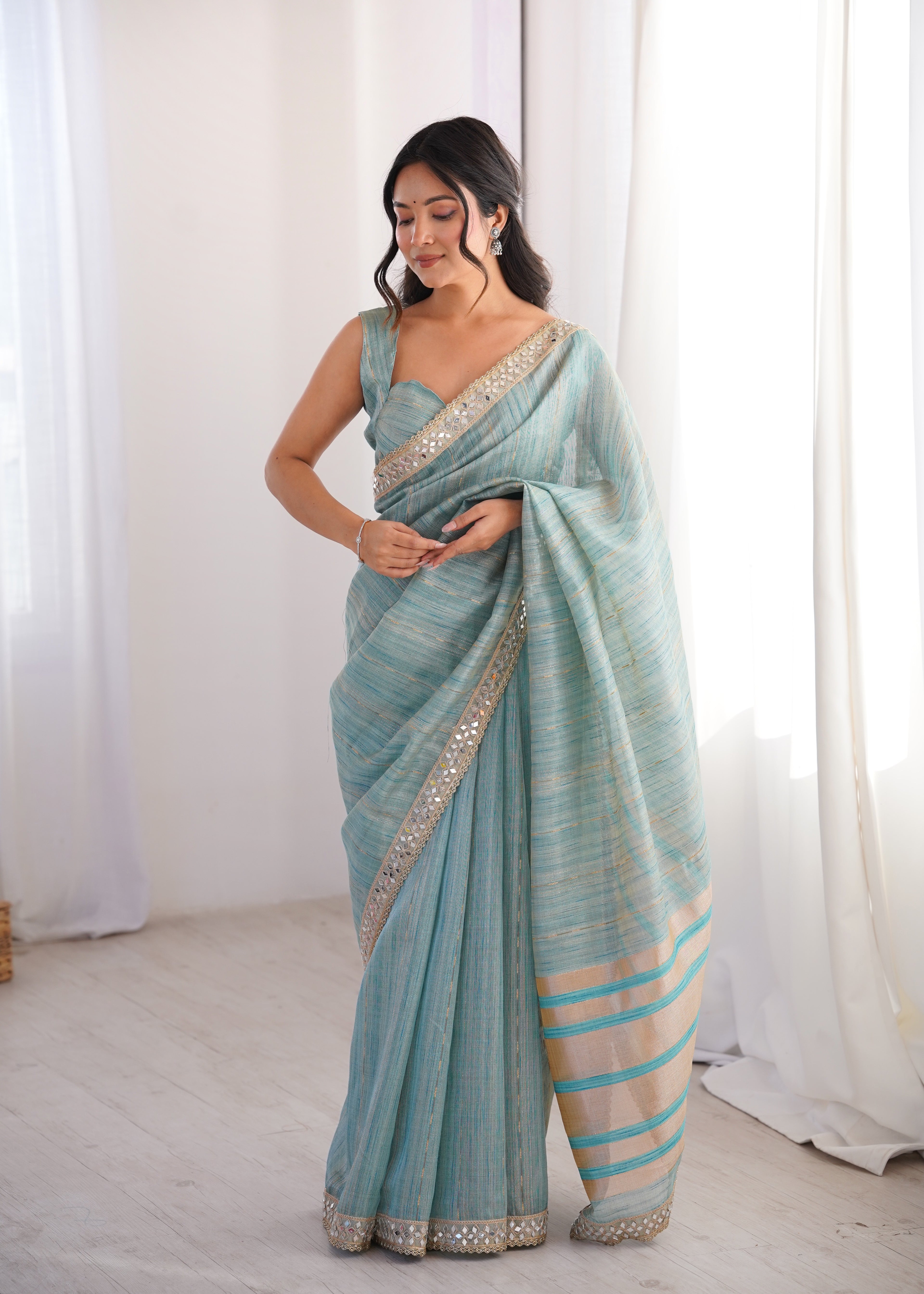 Blue Colour Spun Cotton Saree with Embroidered Border with Real Mirror Work