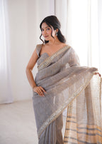 Grey Colour Spun Cotton Saree with Embroidered Border with Real Mirror Work