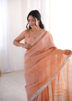 Light Orange Colour Spun Cotton Saree with Embroidered Border with Real Mirror Work