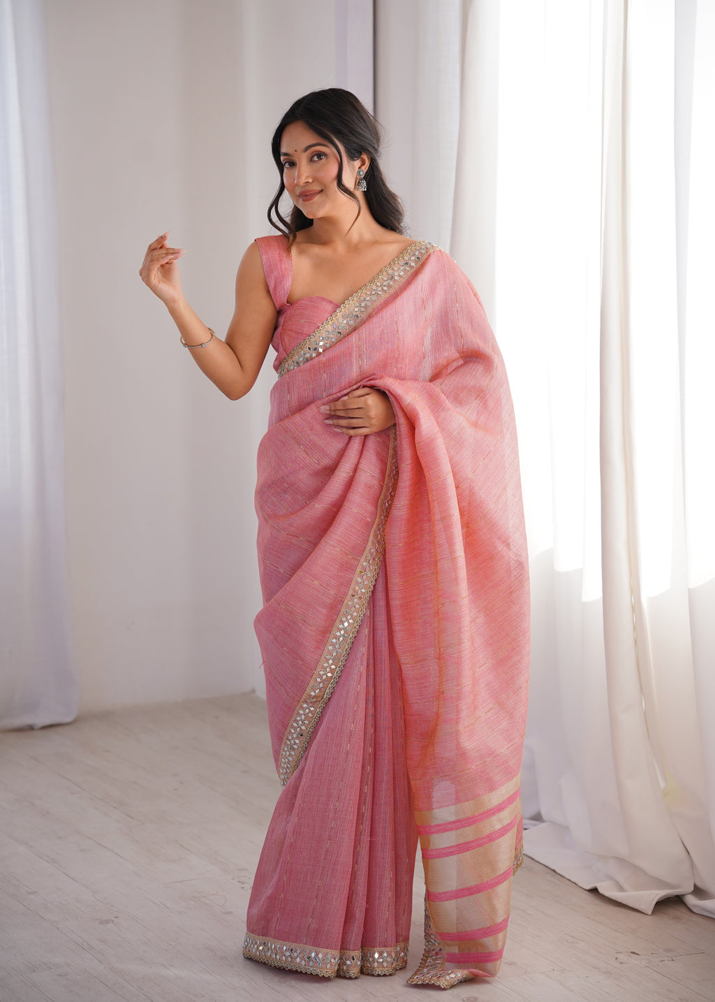 Pink Colour Spun Cotton Saree with Embroidered Border with Real Mirror Work
