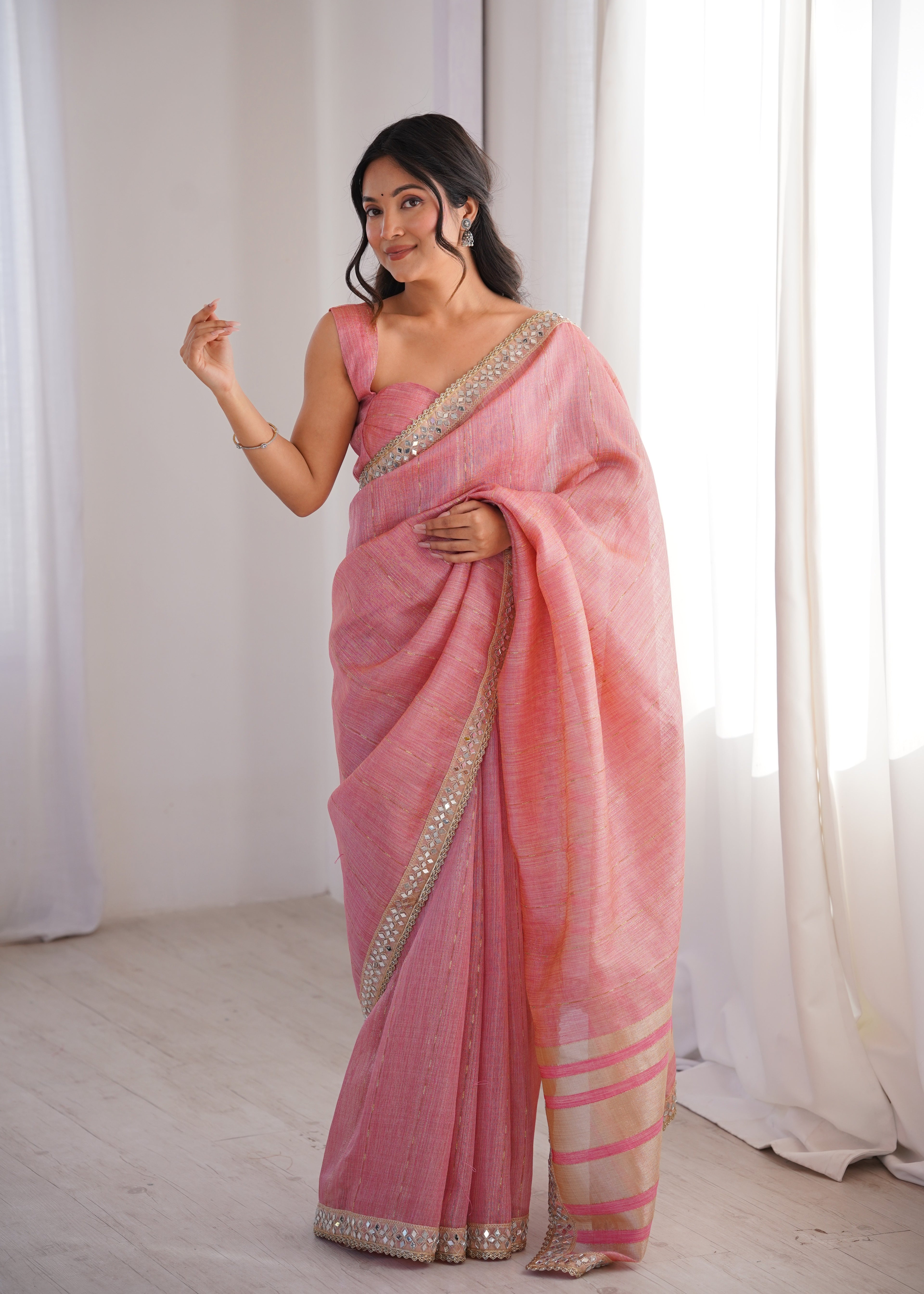 Pink Colour Spun Cotton Saree with Embroidered Border with Real Mirror Work