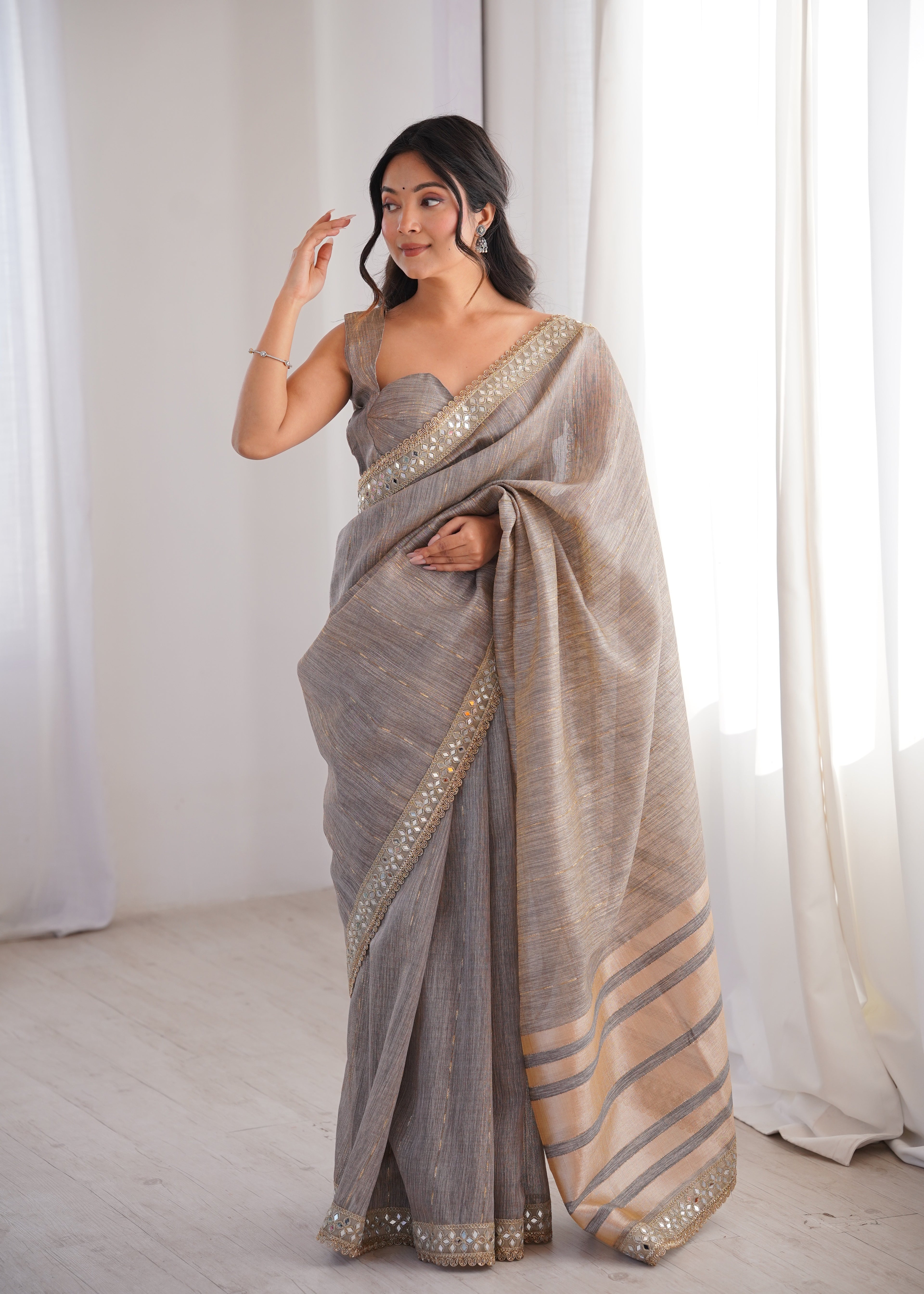 Grey Colour Spun Cotton Saree with Embroidered Border with Real Mirror Work